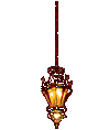 a glass lantern hanging from a chain, swinging back and forth