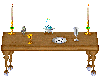 a table with trinkets and candles